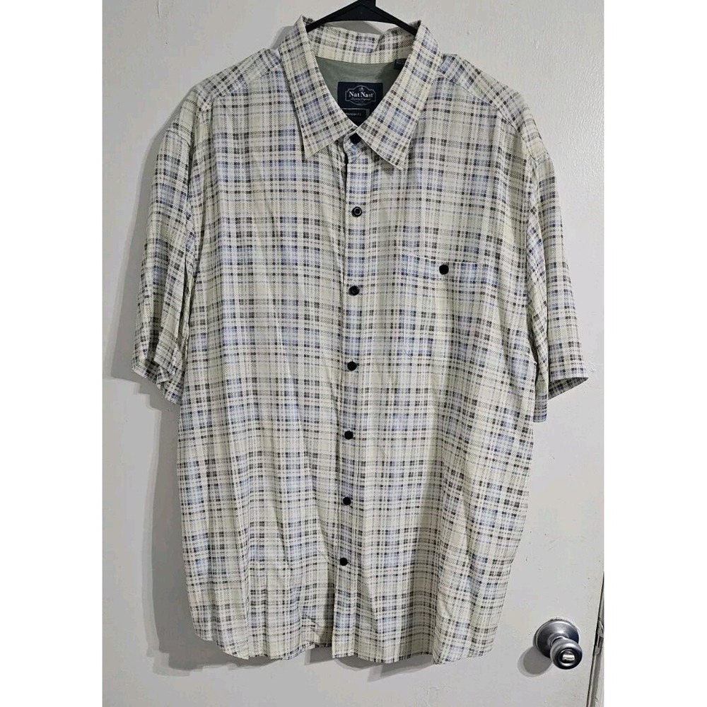 Nat Nast Luxury Originals Shirt Mens Extra Large Beige Blue 100%‎ Silk Plaid